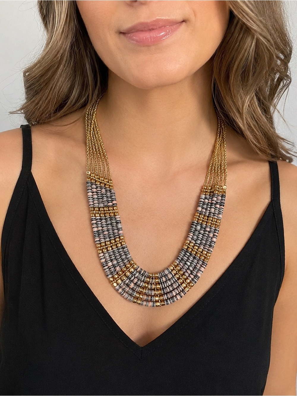 Multi-Strand Gold and Gray Bead Statement Necklace